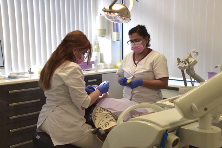 Dentist and dental assistant at Shiny Smile Dental Clinic working together during a patient treatment